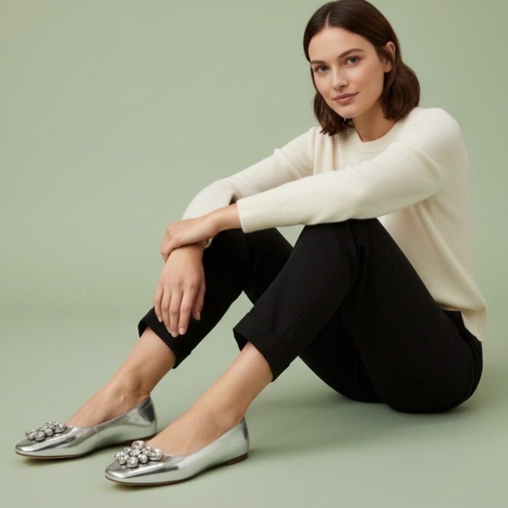 Uterqüe Silver Crystal Embellished Flats Size 39 Metallic Leather